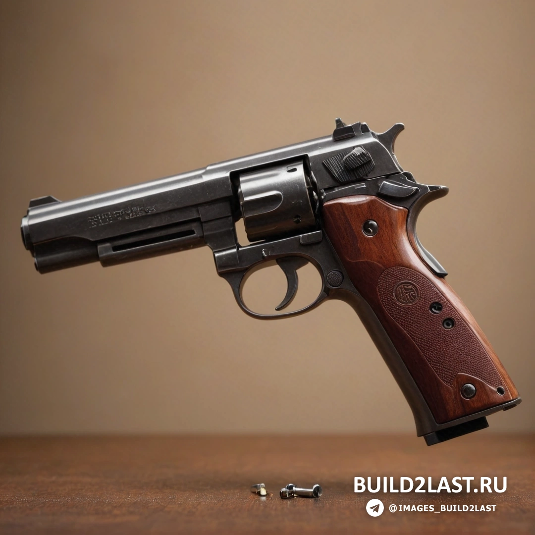 Precisionism - 3D render. Пистолет с деревянным стволом и пулей на столе рядом с ним, на коричневом фоне