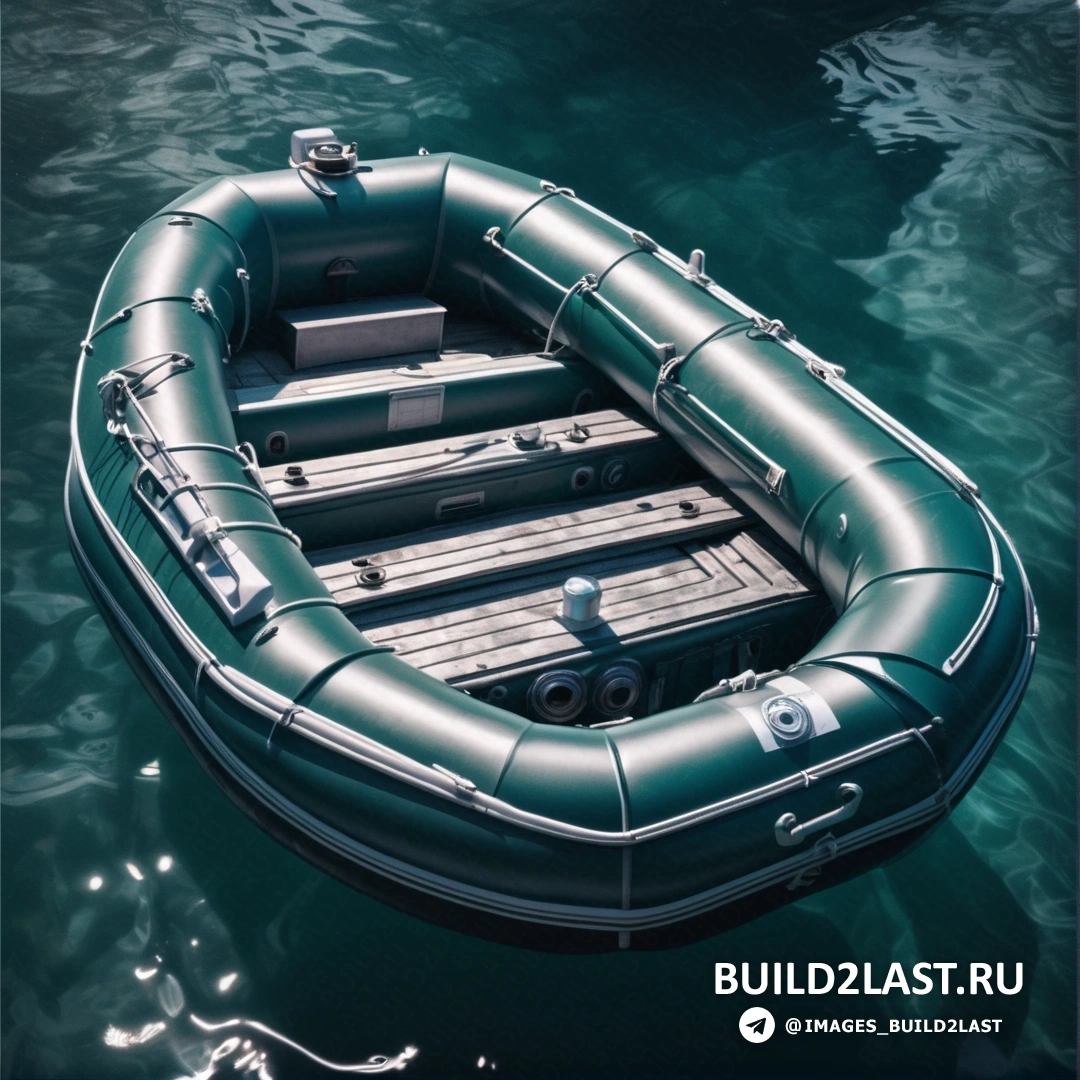Фотореализм - 3D рендер. Плот плывет на поверхности воды рядом с лодкой с мотором на борту.