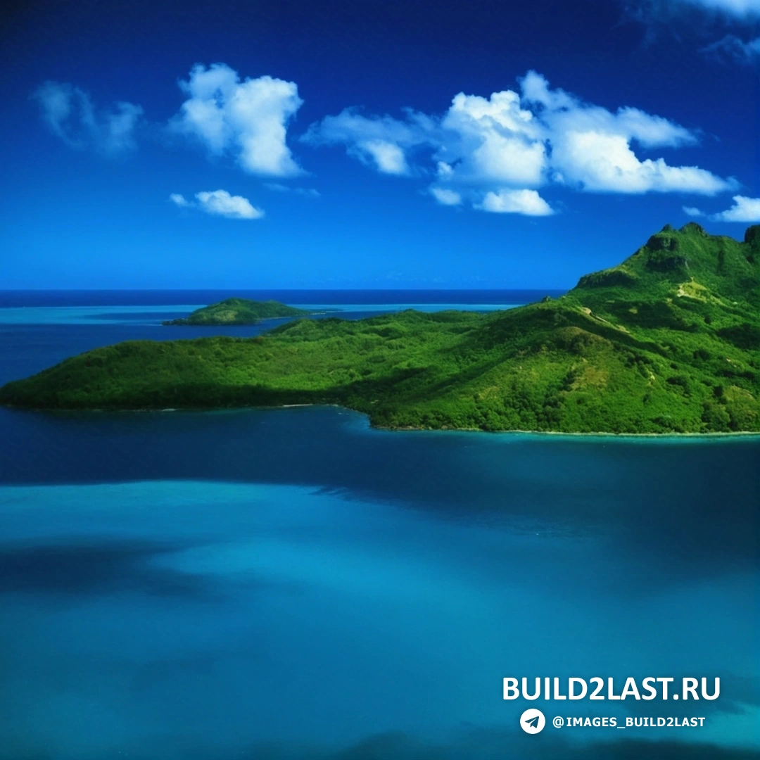 Побережье Маврикия с зелеными растениями, синим океаном и островом на горизонте