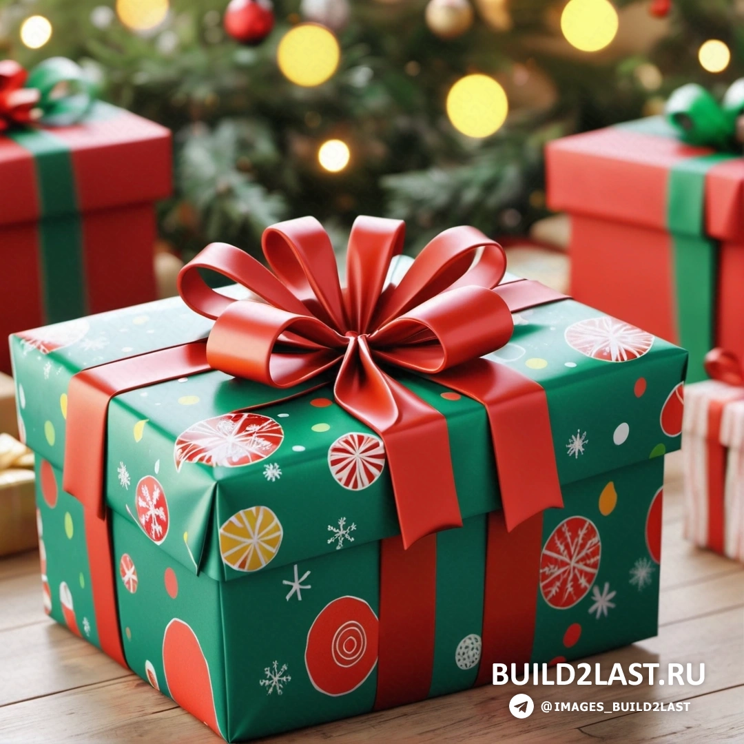 подарочная коробка в зелено-красной упаковке с красным бантом и рождественской елкой