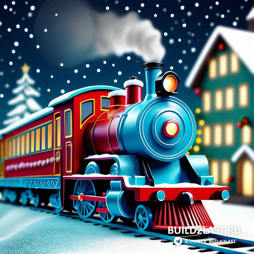 поезд движется по снегу в ночное время на фоне дома и освещенной рождественской елки