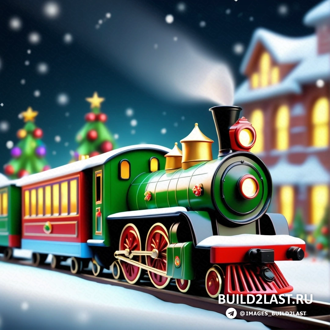поезд движется по заснеженным рельсам на фоне рождественских елок и освещенного здания