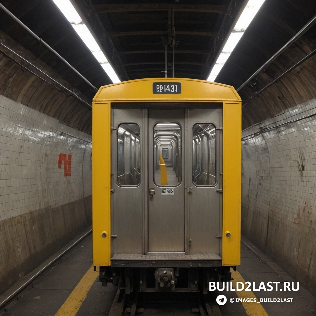 Международный типографский стиль - фотография со сдвигом наклона. Поезд метро стоит в туннеле с открытыми дверями и огнями по бокам поезда