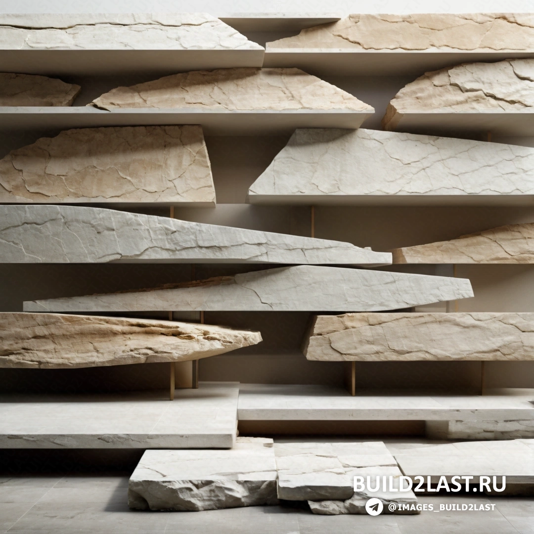 Лэнд-арт - абстрактная скульптура. Выставка каменных скульптур в музейной обстановке с полками и полками за ними.