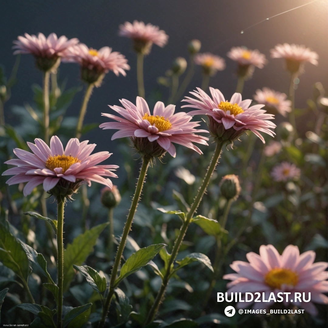 Художественная фотография - макрофотография. Поле розовых цветов с солнцем, пробивающимся сквозь фон