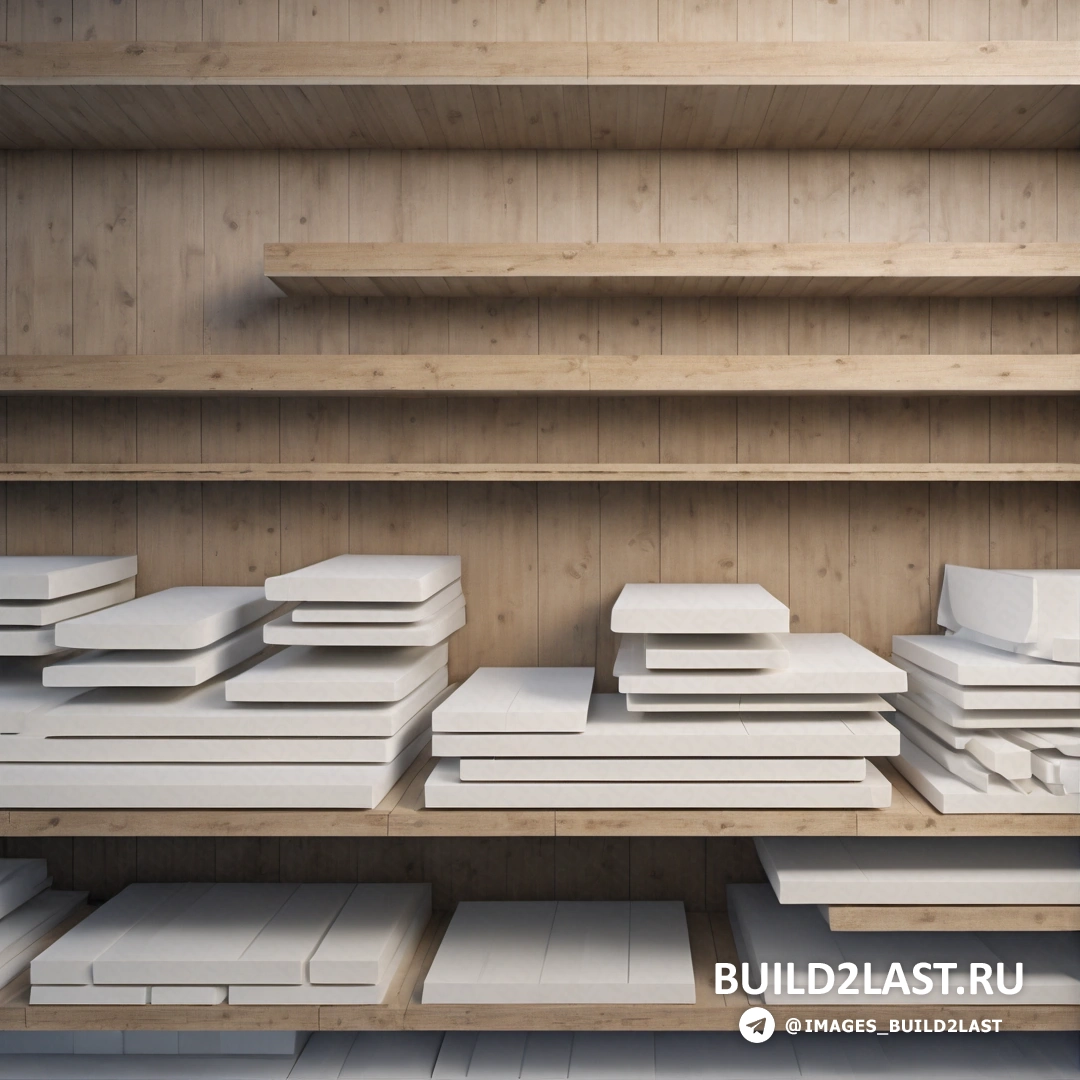 Постминимализм - рендер Ambient occlusion. Полка с множеством белых коробок и полки с деревянными полками позади нее.