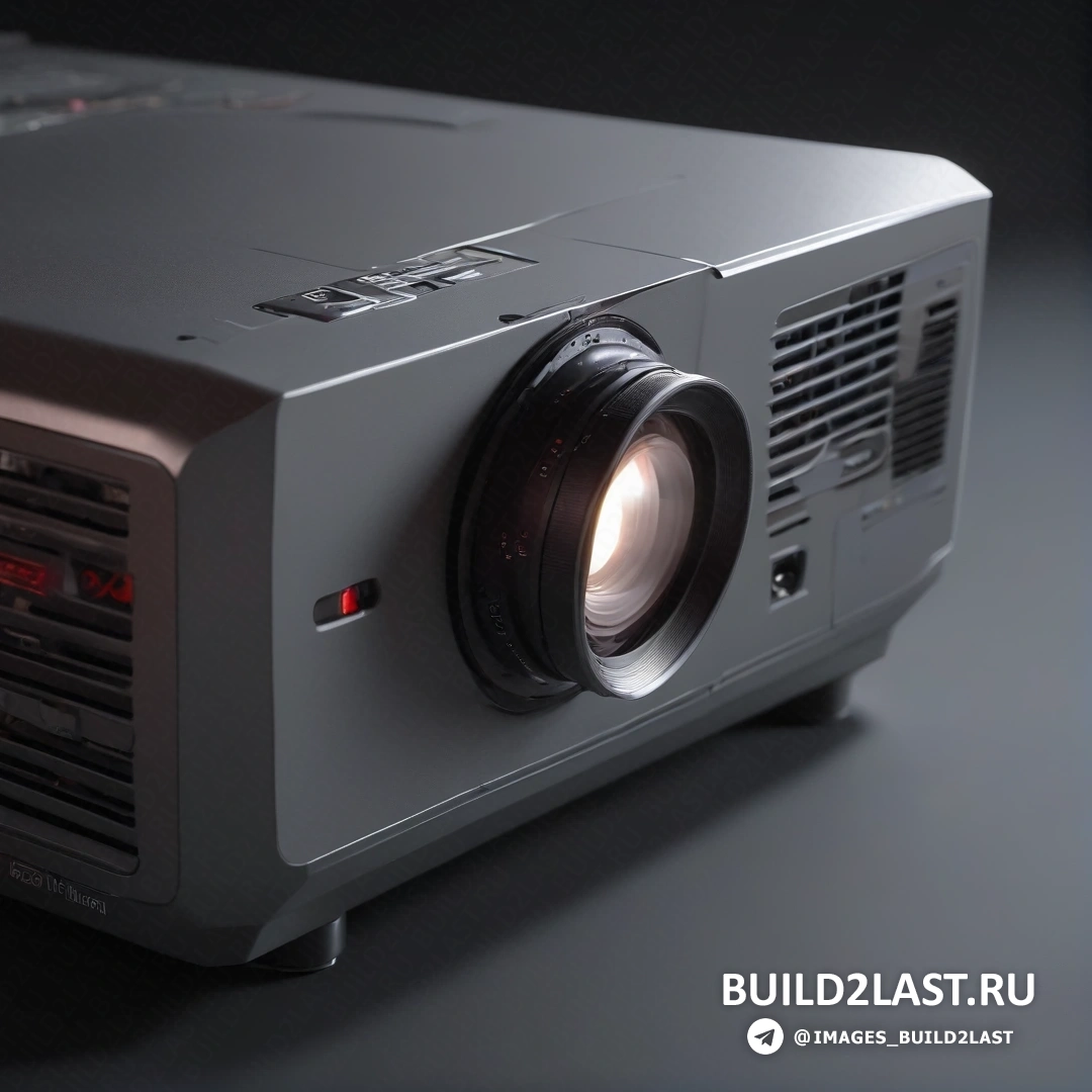 Фотореализм - компьютерная визуализация. Проектор на столе рядом с ноутбуком на столешнице с черным фоном