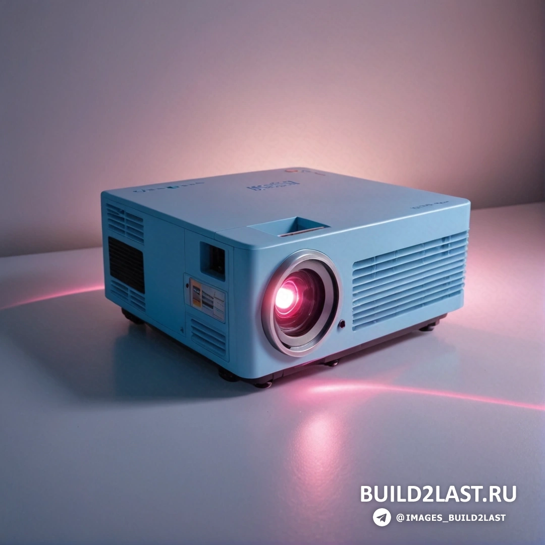 Голография - голограмма. Проектор с красным светом на нем на столе с белым фоном