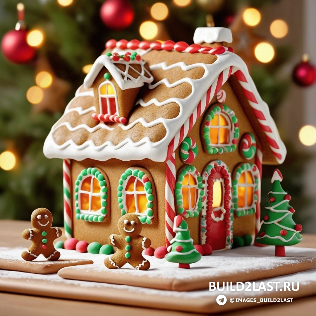 пряничный домик с имбирным печеньем и рождественской елкой с огнями
