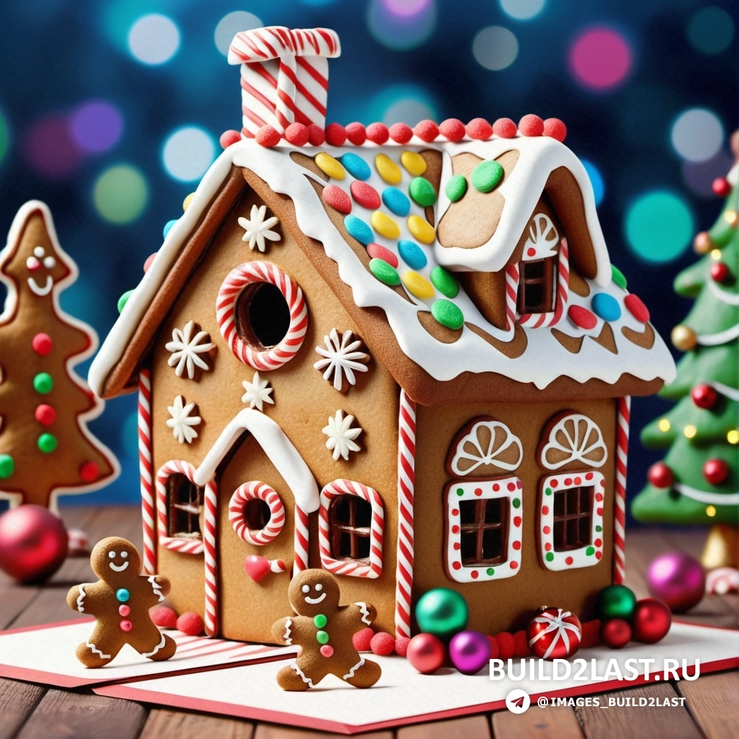 пряничный домик с конфетами и леденцами на столе с рождественскими елками и огнями