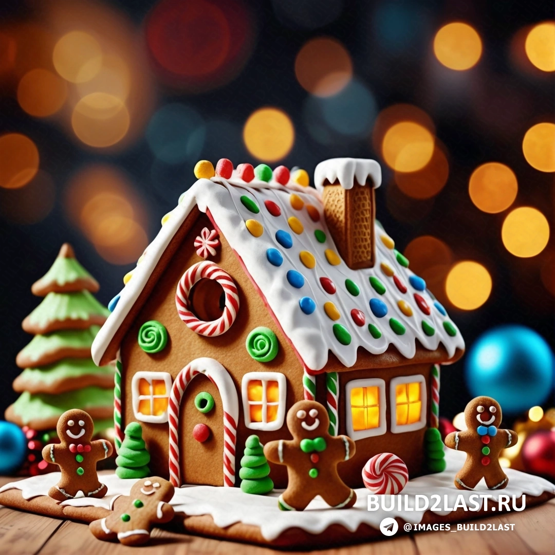 пряничный домик с конфетами и леденцами на столе с рождественскими огнями и размытым боке огней