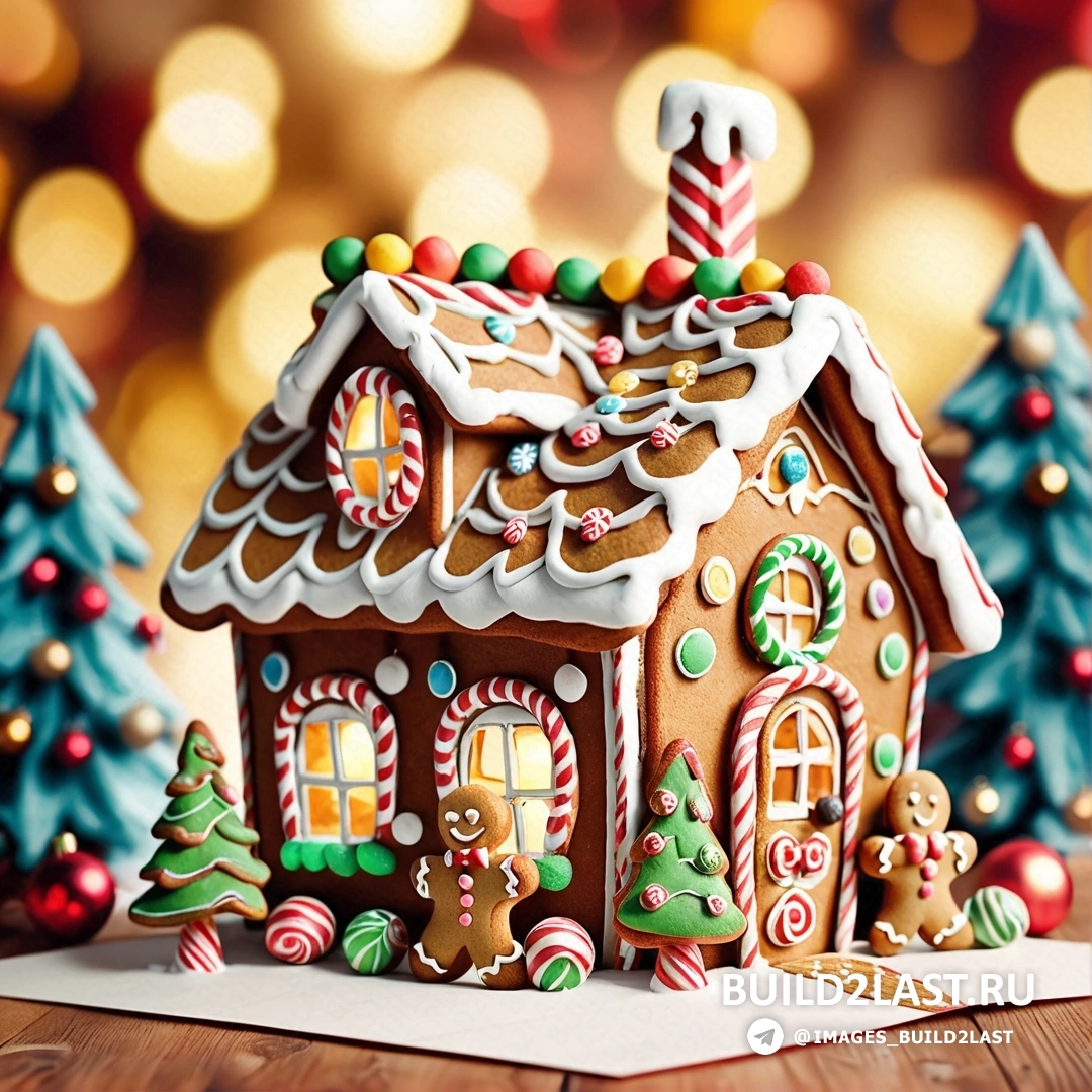 пряничный домик с конфетами и леденцами на крыше и деревьями вокруг него на столе