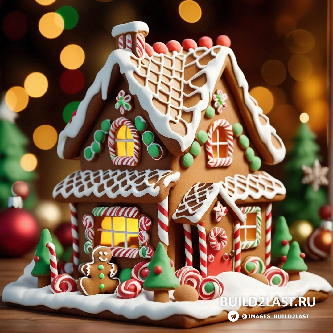 пряничный домик с конфетами и леденцами на крыше и рождественской елкой