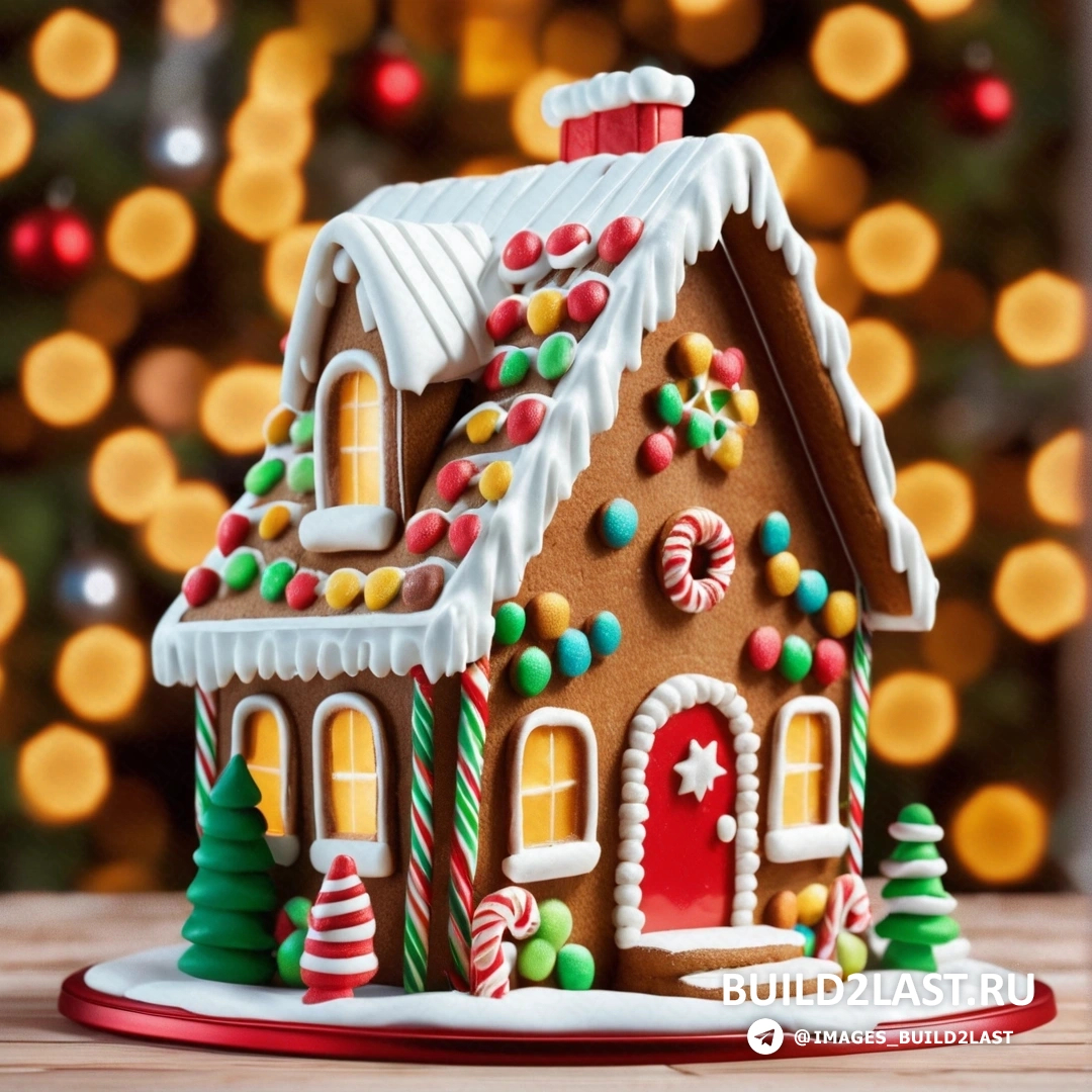 пряничный домик с конфетами и леденцами на крыше и рождественской елкой