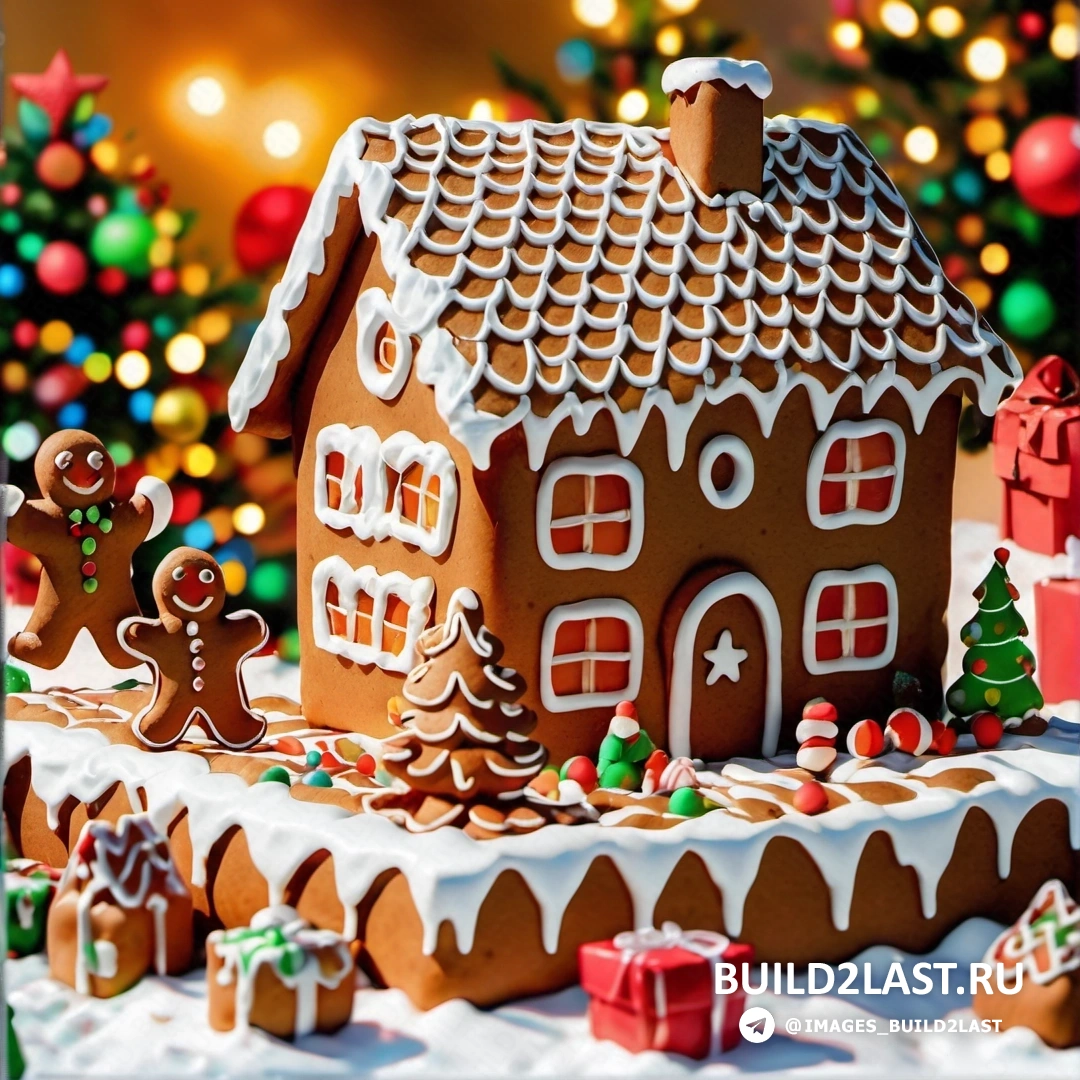пряничный домик с множеством украшений на крыше и рождественской елкой
