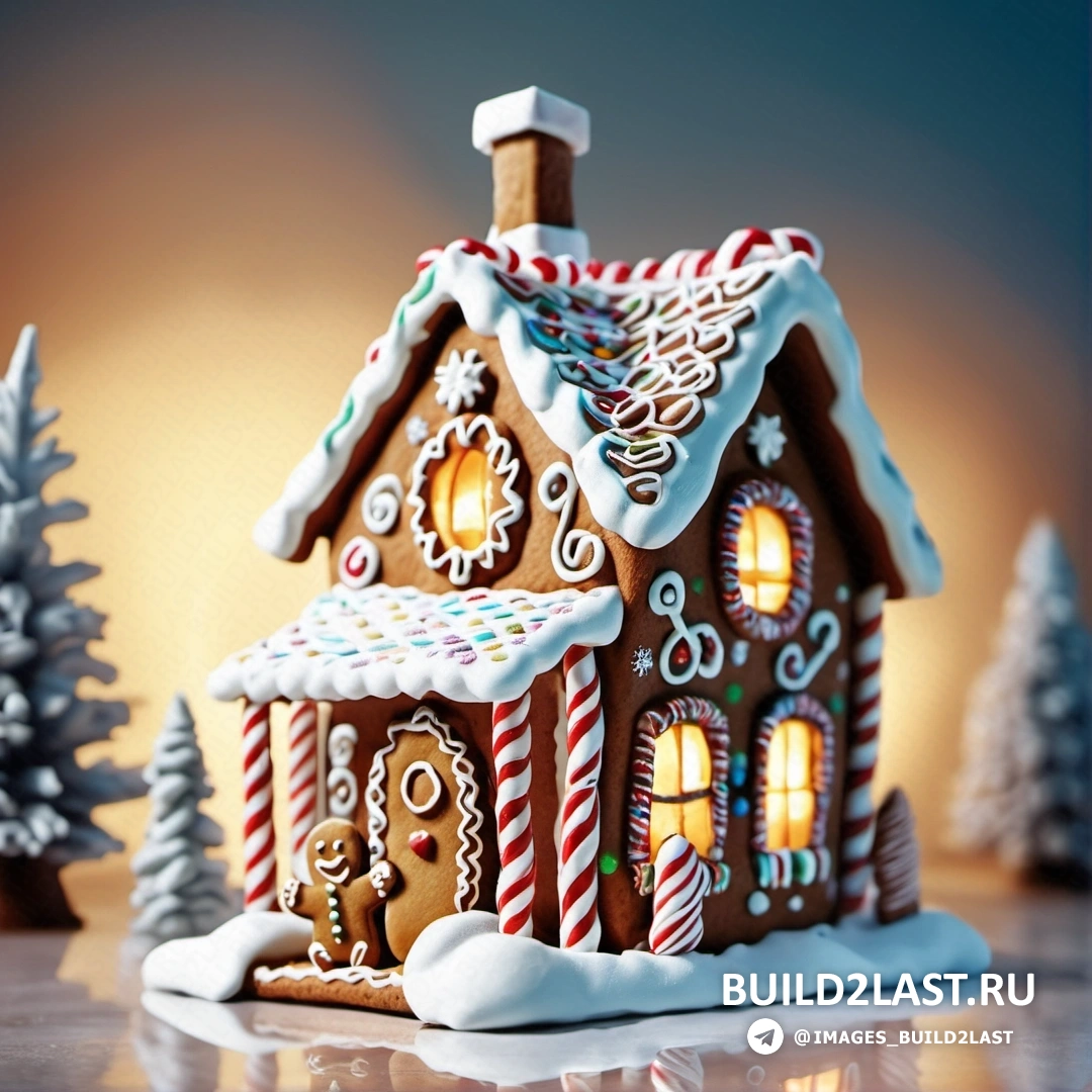 пряничный домик с освещенным окном, леденцом перед ним и рождественской елкой