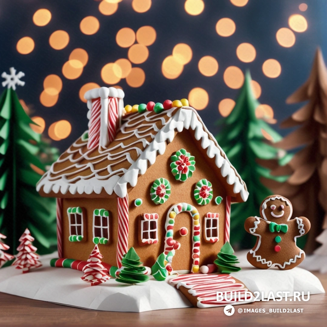 пряничный домик с рождественской елкой и огнями и рождественская сцена 