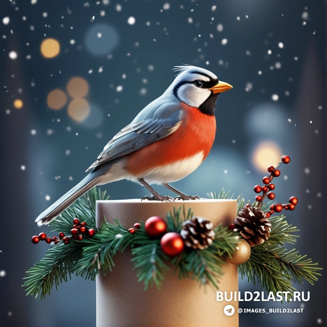 птица, на чашке с рождественским украшением и заснеженным фоном
