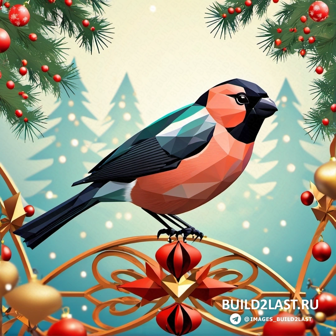 птица, на рождественском украшении с сосновыми ветвями и ягодами, на фоне голубого неба