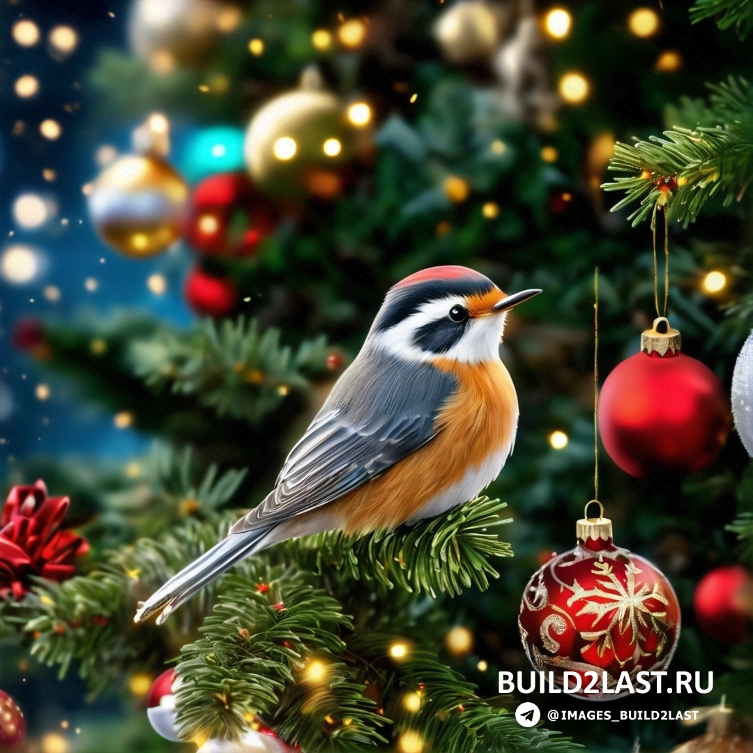 птица, на рождественской елке с украшениями и огнями