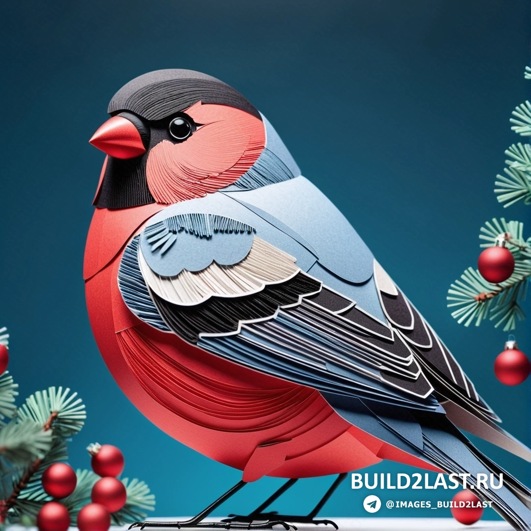птица на столе рядом с рождественской елкой и шарами красного и синего цветов на синем фоне