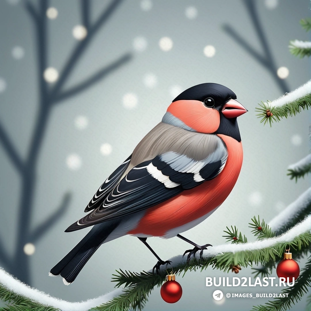 птица, на ветке дерева с украшениями, и снег, падающий на ветки позади нее