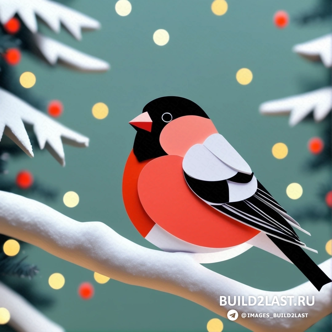 птица, на ветке перед рождественской елкой с огнями и снегом на ветвях