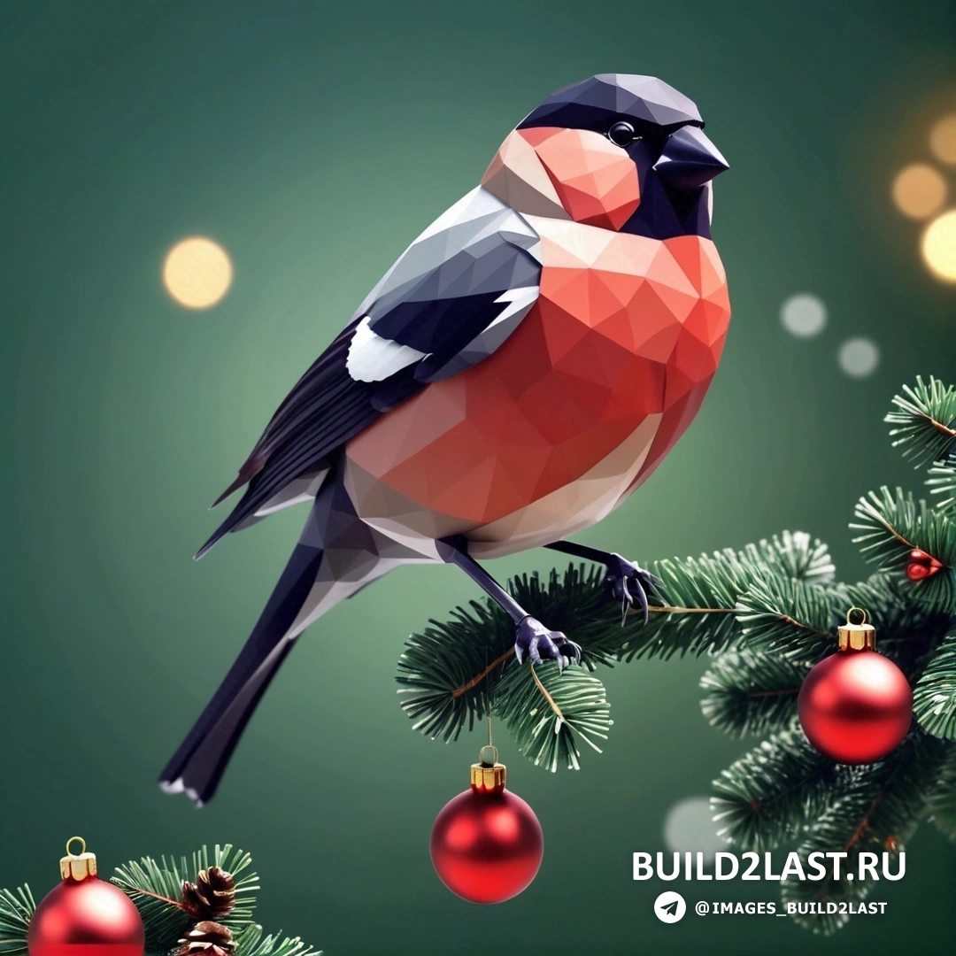 птица, на ветке, рождественские украшения и зеленый фон с огнями и боке