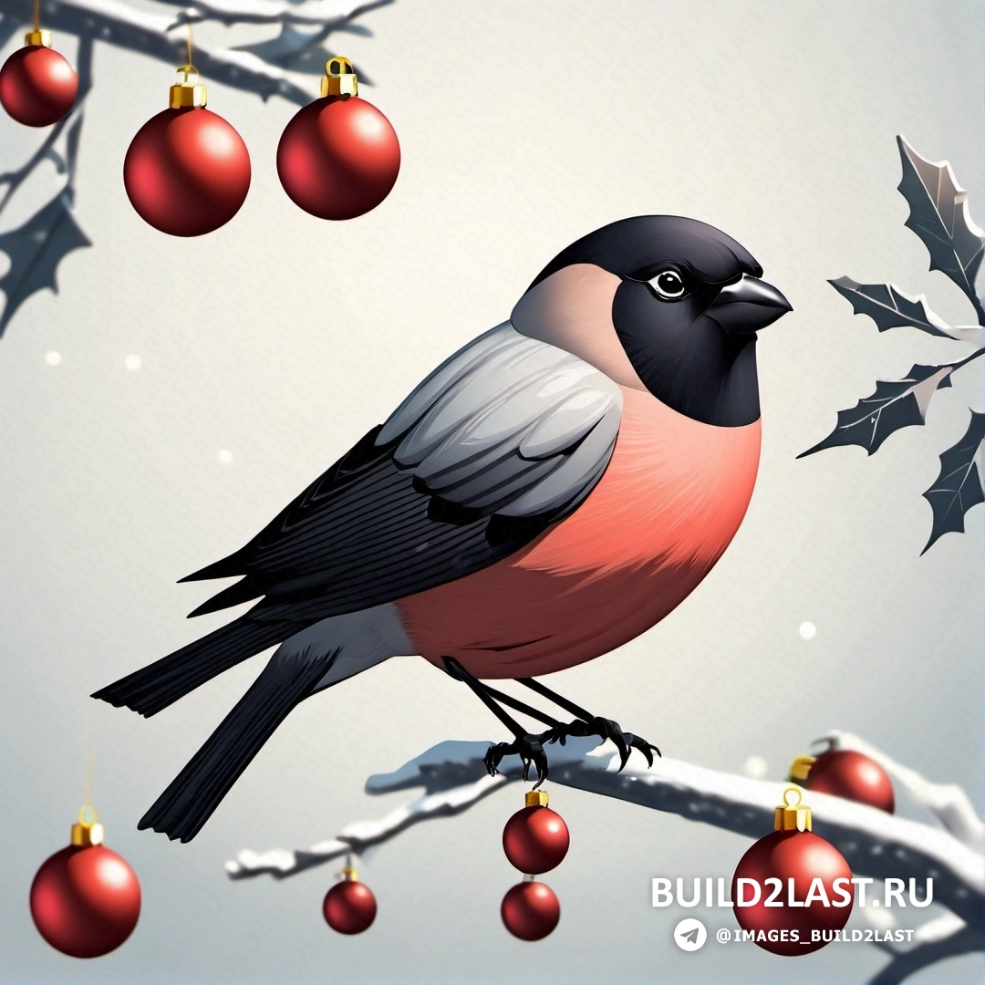 птица, на ветке, рождественские украшения и туманный фон с свисающими с нее падубом и ягодами