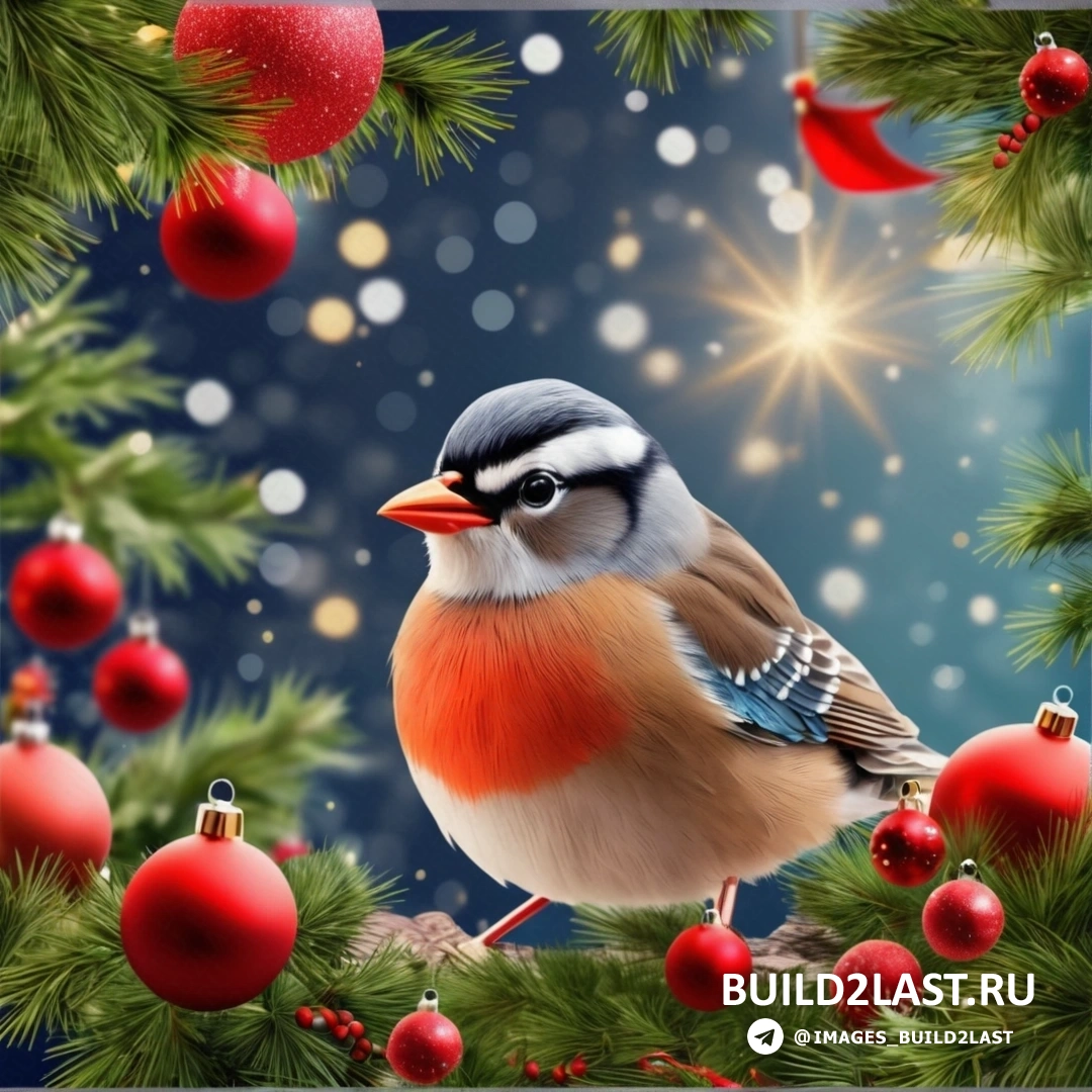 птица, на ветке рождественской елки с украшениями и звездой в небе