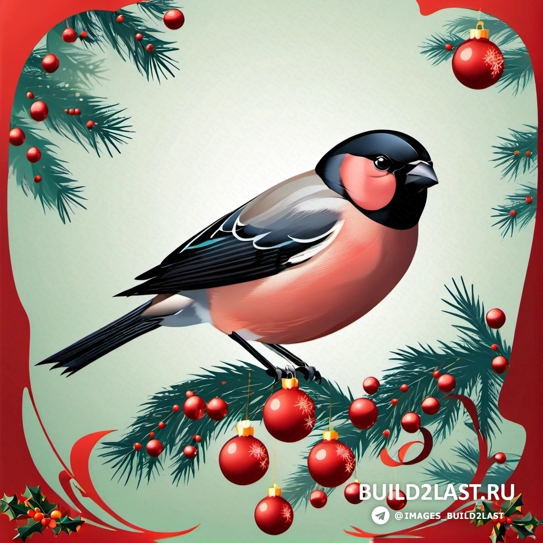 птица, на ветке рождественской елки с украшениями и красным фоном с зеленой каймой