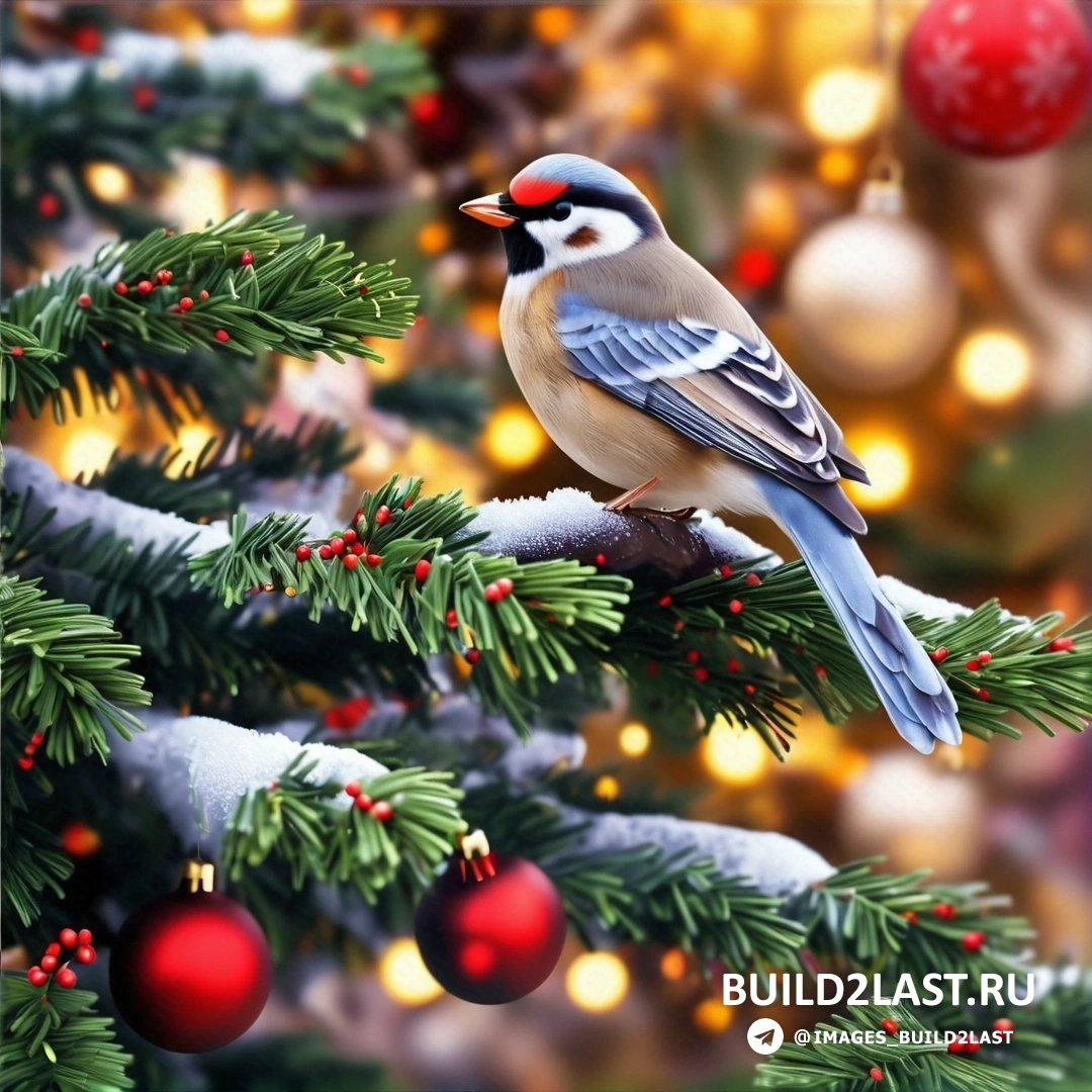 птица, на ветке рождественской елки с украшениями и рождественская елка