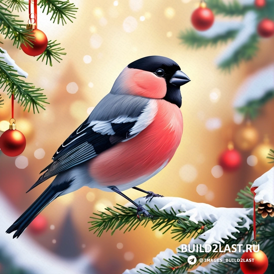 птица, на ветке рождественской елки с украшениями, свисающими с ветвей