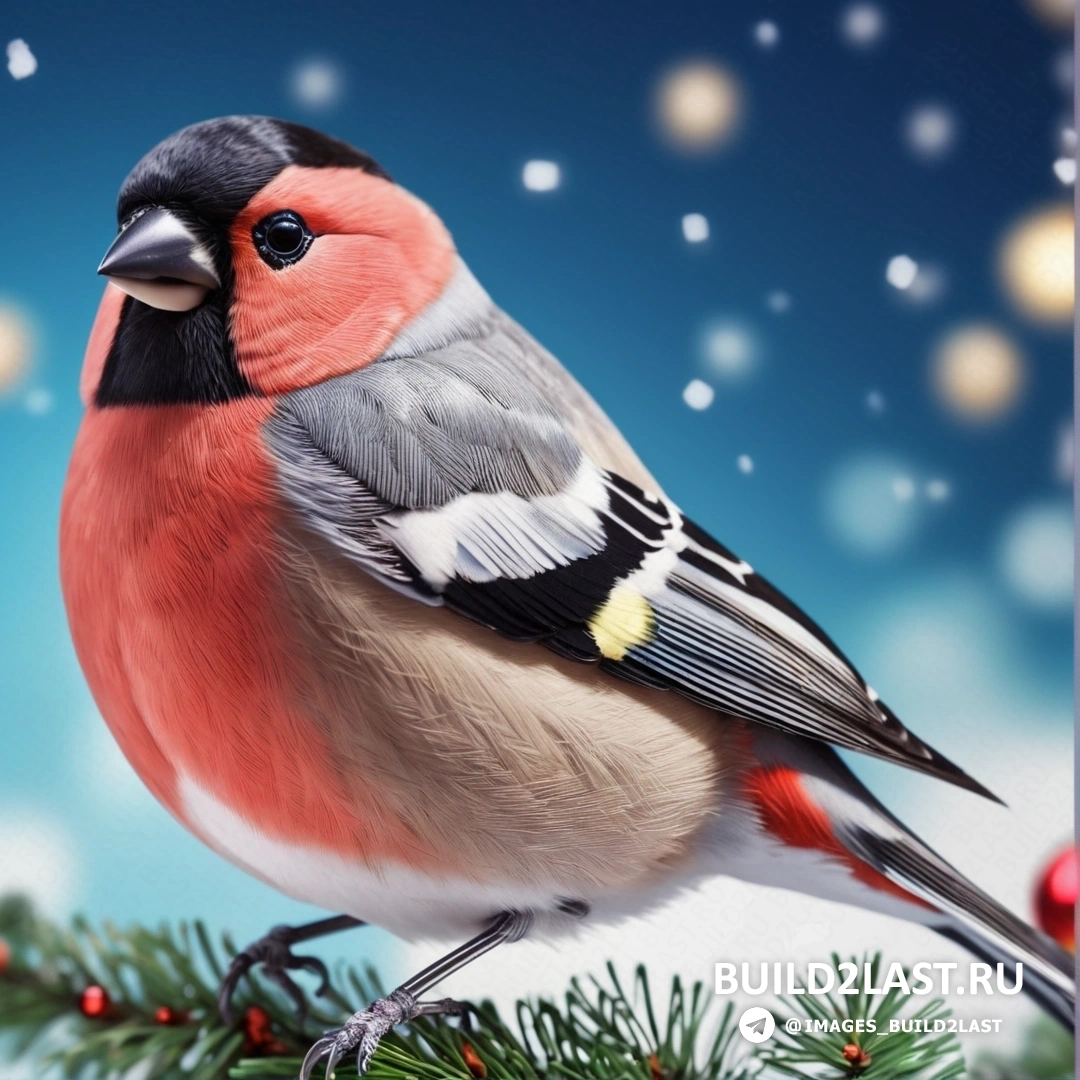 птица, на ветке рождественской елки, на которую падает снег, а за ней голубое небо