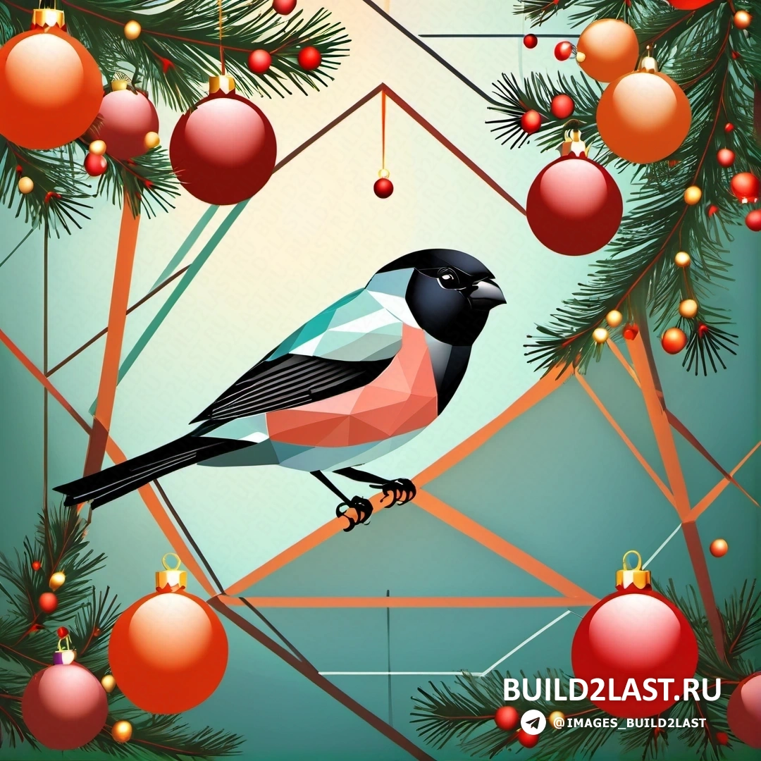 птица, на ветке рождественской елки с украшениями и синим фоном с красными и зелеными шариками