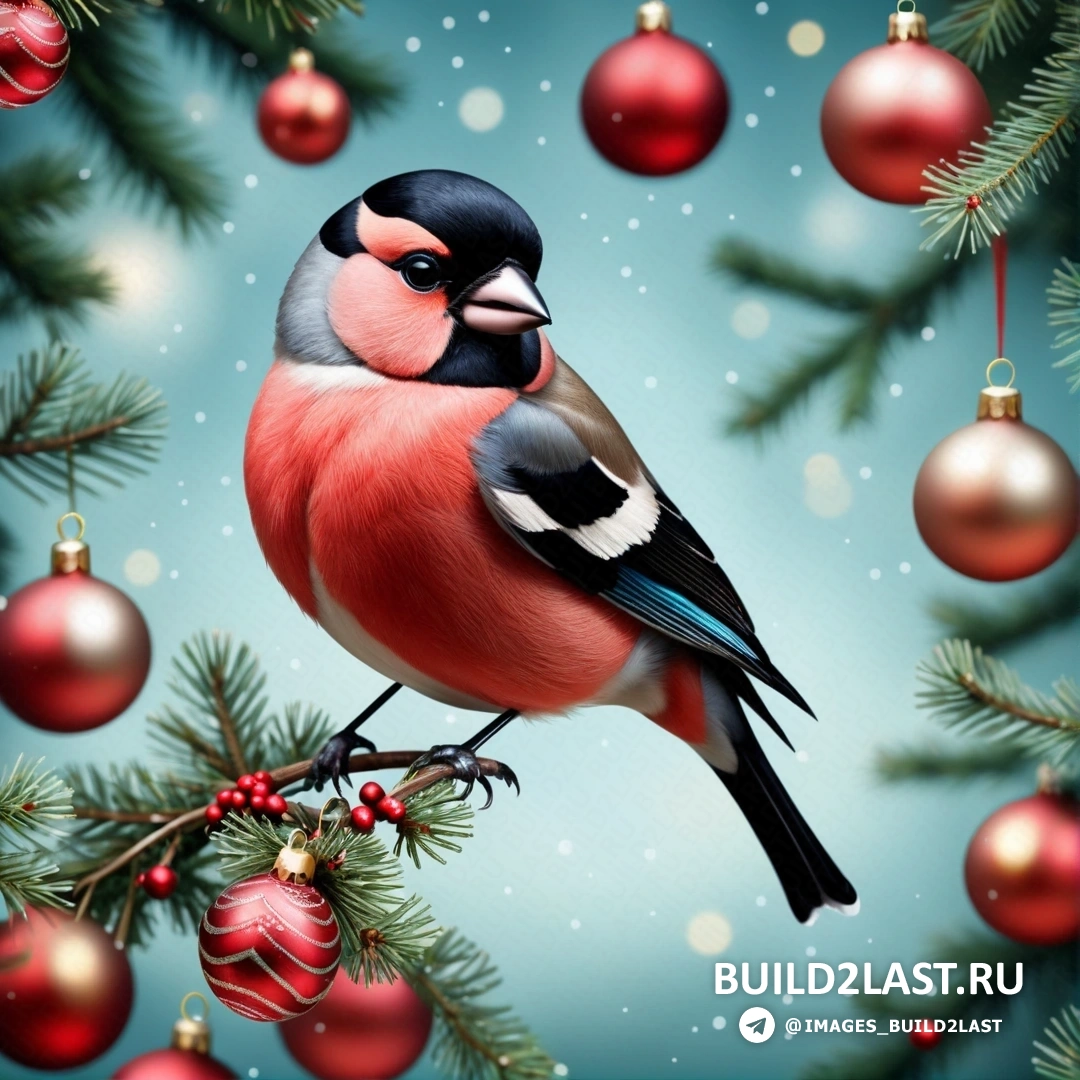 птица, на ветке с орнаментом и синим фоном со снежинками и красными шарами