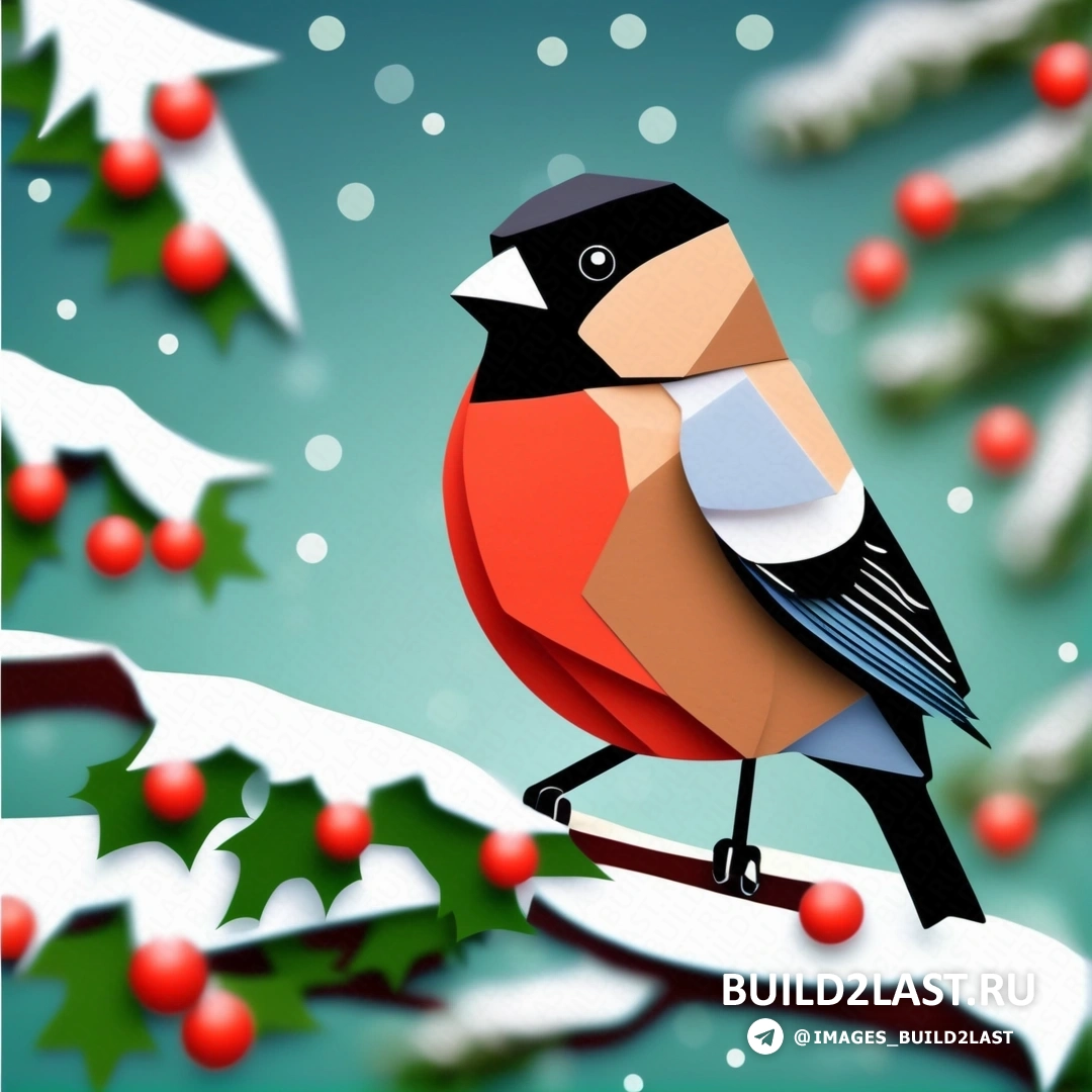 птица на ветке с падубом и ягодами на ветках, а за ней идет снег