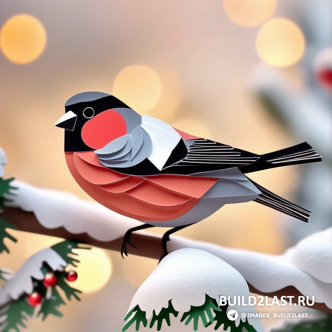 птица, на ветке с рождественским украшением на фоне заснеженной сцены с огнями и гирляндой
