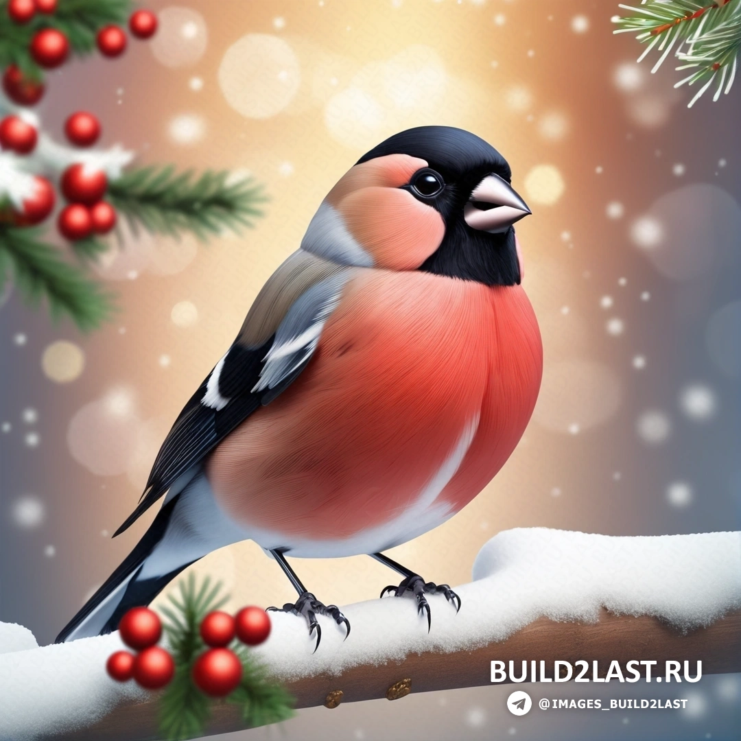птица, на ветке с рождественским украшением на заднем конце и сосновой веткой