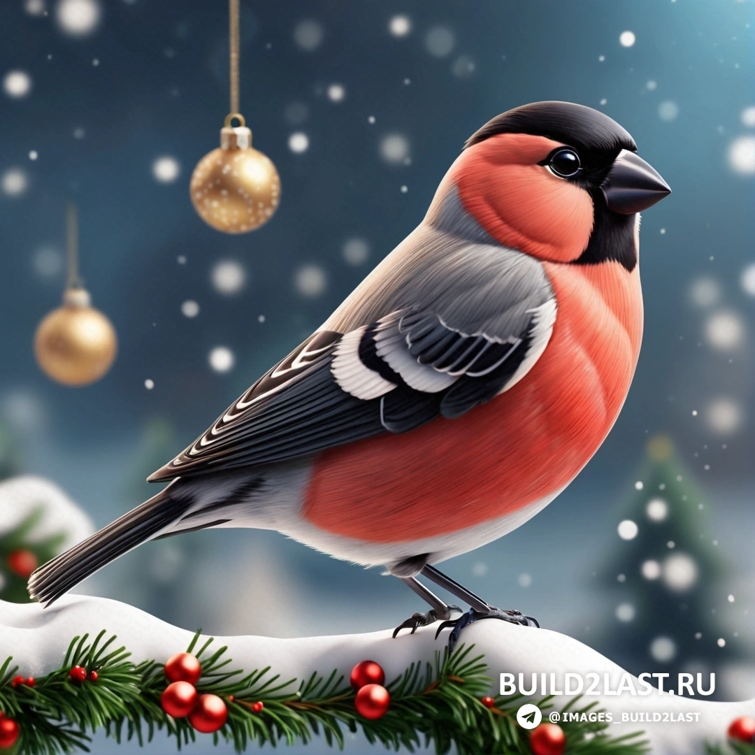 птица, на ветке с рождественским украшением, свисающим с ее стороны, и безделушка, свисающая с ветки