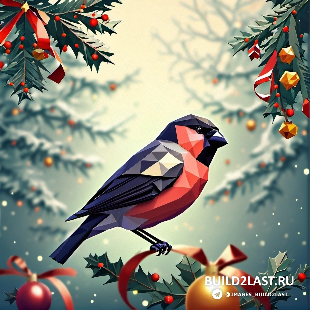 птица, на ветке с рождественским украшением и рождественская елка с красной лентой
