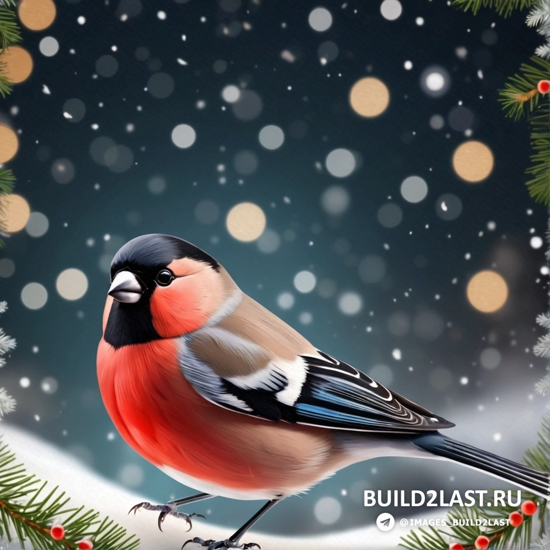 птица, на ветке с рождественским венком, на фоне снега и огней