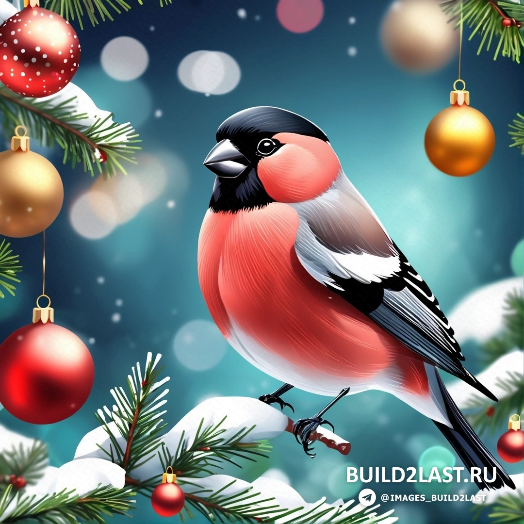 птица, на ветке с рождественскими украшениями и синим фоном со снегом и огнями