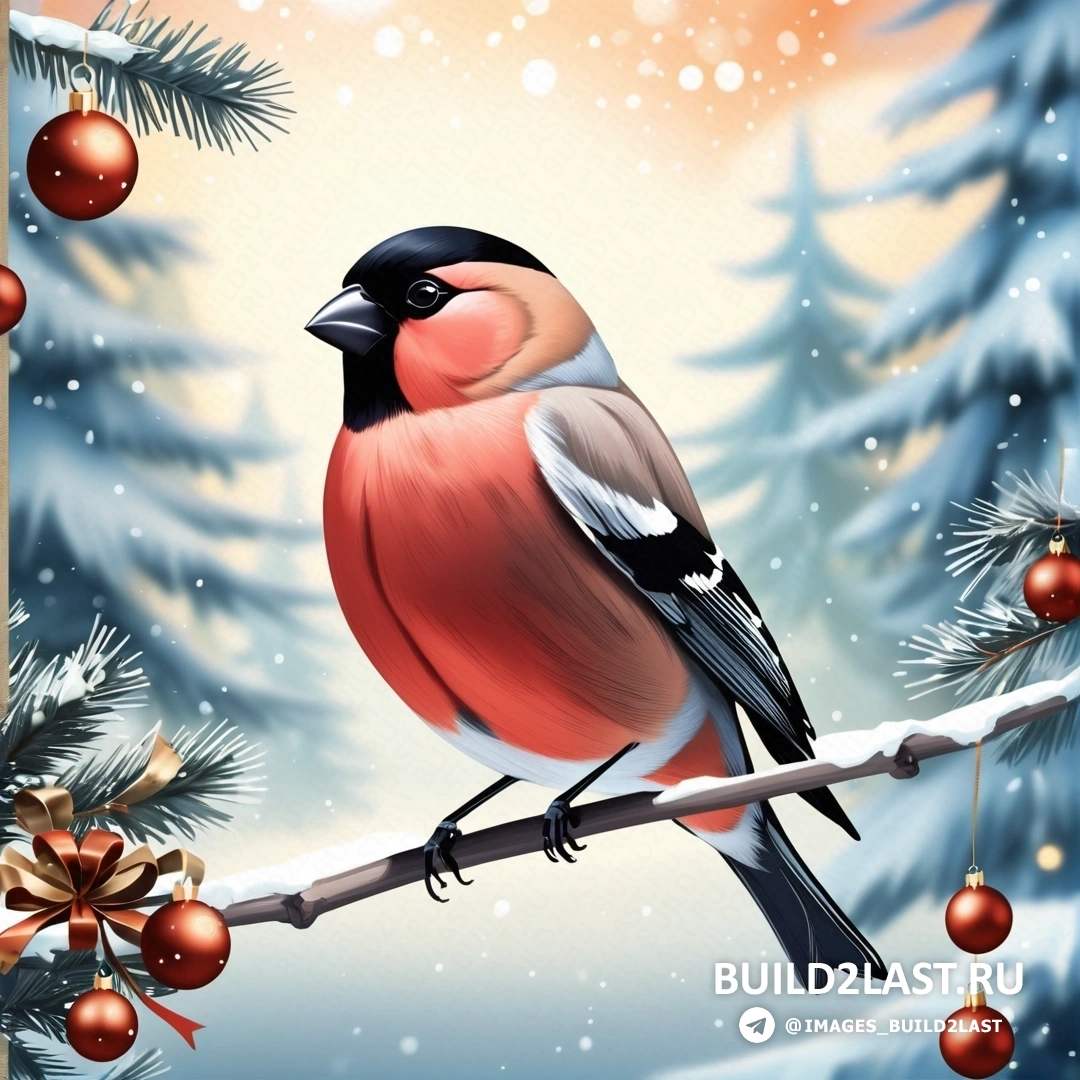 птица, на ветке с рождественскими украшениями