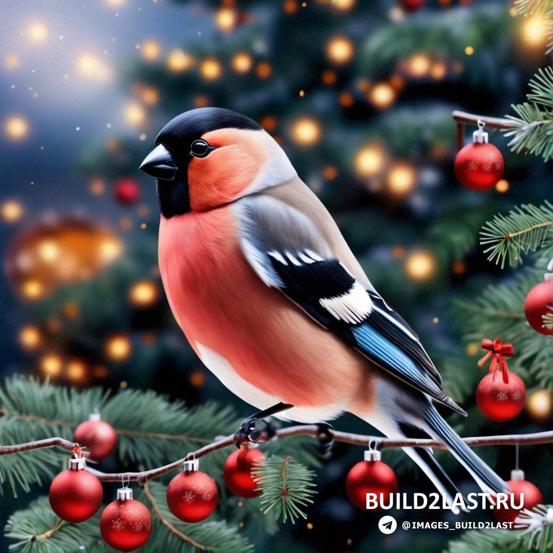 птица, на ветке с рождественскими украшениями