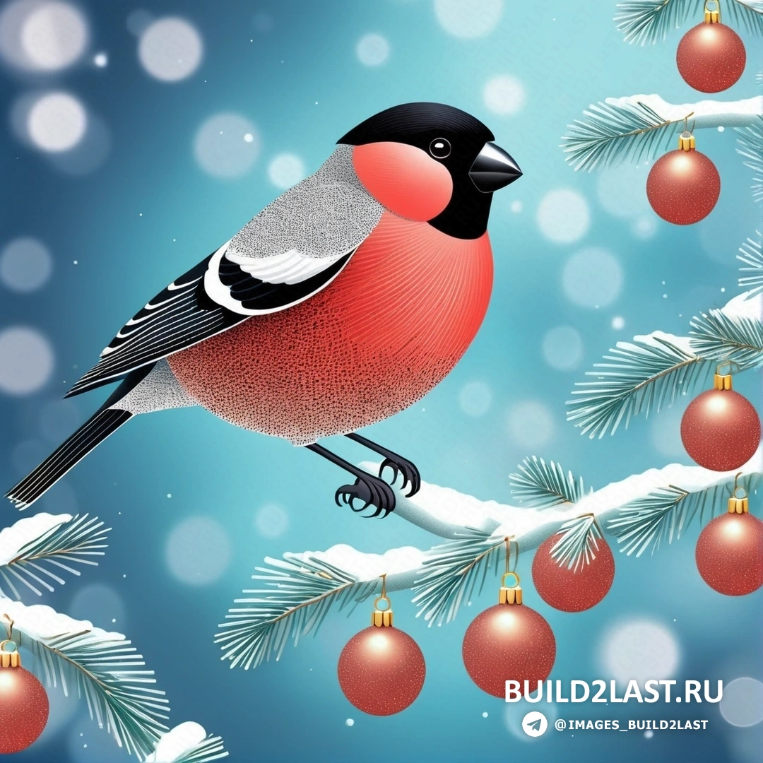 птица, на ветке с рождественскими украшениями и синим фоном со снегом и снежинками