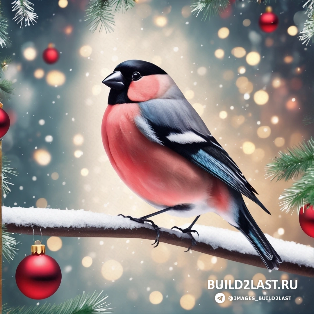 птица, на ветке с рождественскими украшениями, на фоне снега и огней