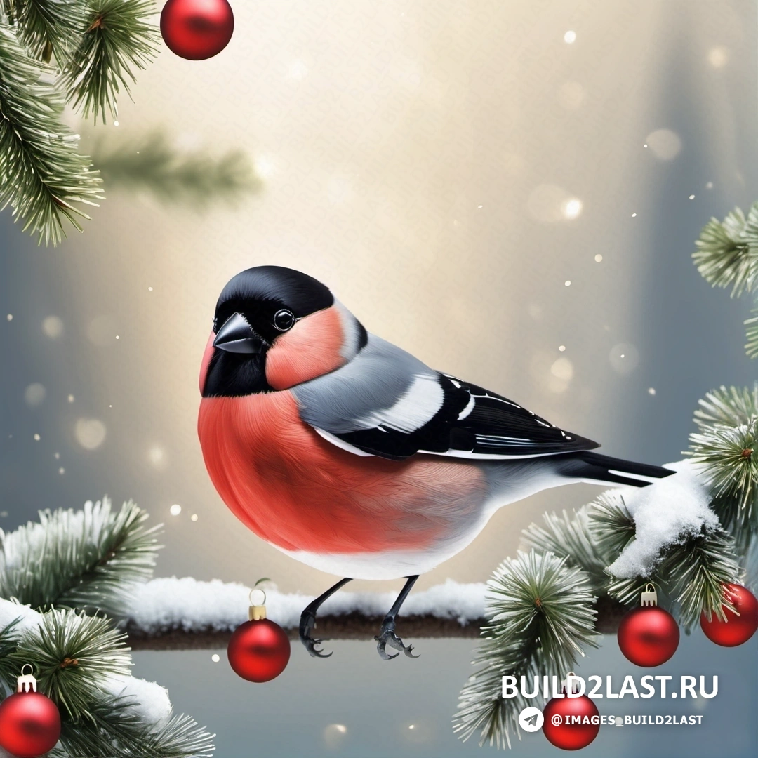 птица, на ветке с рождественскими украшениями, на фоне снега и сосновых иголок