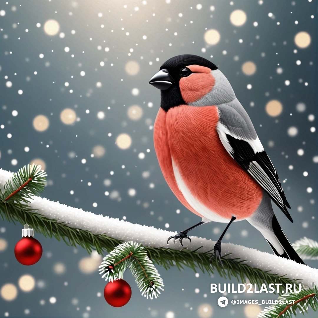 птица на ветке с рождественскими украшениями и снегом