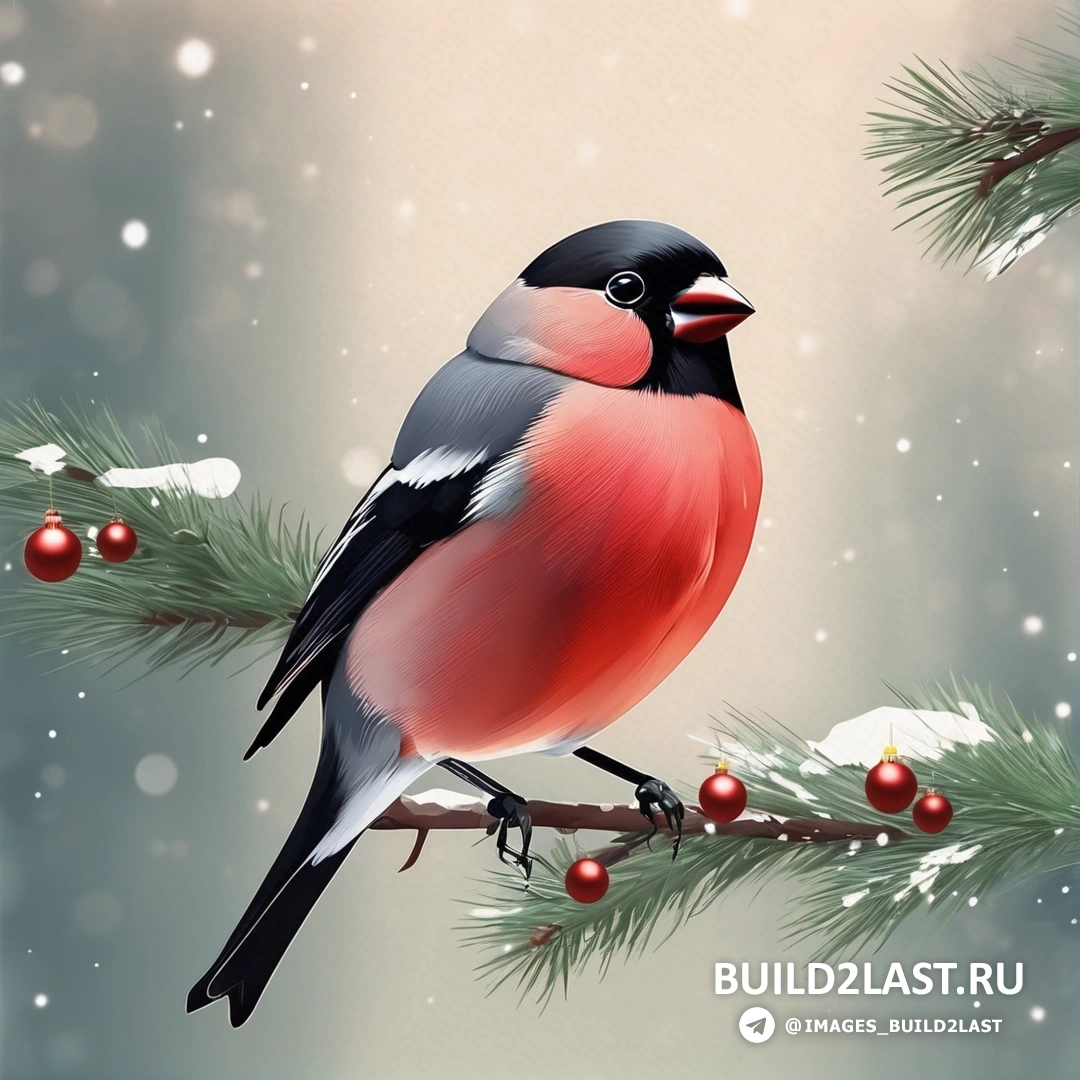 птица, на ветке с рождественскими украшениями на ветвях и снегом